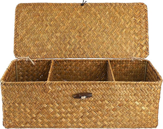 Hipiwe Seagrass Storage Basket Bin with Lid Rectangular Woven Shelf Baskets for Closets Pantry Bathroom Kitchen Shelf Organizing, Caramel,14.2" x 6.3''x 4.7''