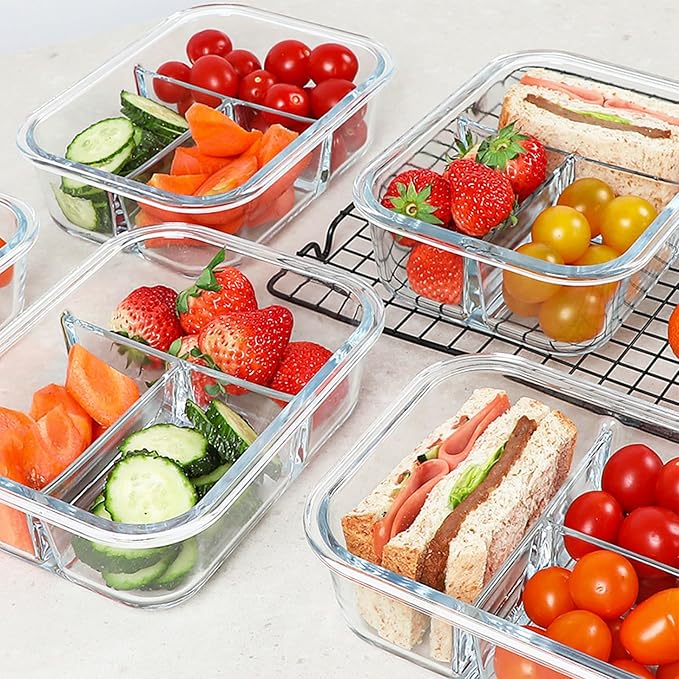KOMUEE Glass Meal Prep Containers 3 Compartments, 5 Pack 36 oz, Glass Food Storage Containers with Lids, Airtight Lunch Bento Box, Portion Control, Freezer and Microwave Safe, Green
