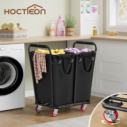 Hoctieon 2 Section Laundry Sorter Cart, 300L Rolling Hamper with Wheels, Industrial Laundry Basket Organizer, Large Dirty Clothes Hamper for Home & Hotel, Heavy Duty, Black