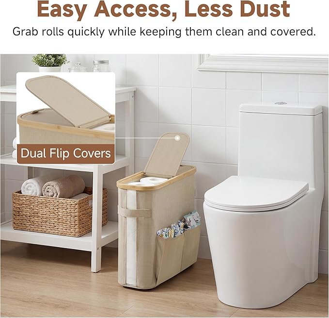 StorageWorks Toilet Paper Storage Baskets with Dual Flip Lids, Toilet Paper Organizer for Bathroom, Toilet Paper Container with Side Pocket, Holds 9 Mega or 12 Regular Rolls, Medium, Oatmeal