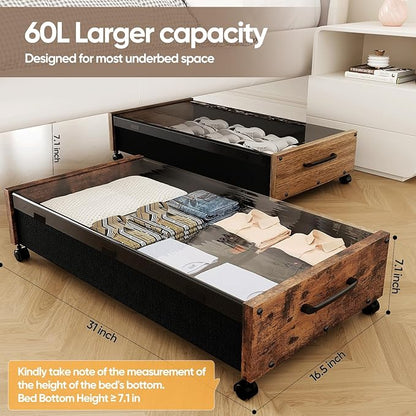 KITHELP Wooden Under Bed Storage with Wheels, Rolling Under the Bed Storage Bins with Removable Lid, Metal Under Bed Drawers for Clothes and Shoes in Bedroom or Living Room(Vintage Brown-1pack)