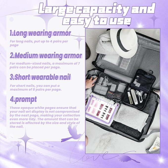 Press On Nail Storage Organizer with 4 Insert Pages - A5 Size Portable False Nail Storage Box for Collecting and Organizing Tips with Tape and Zipper Pocket (Purple)