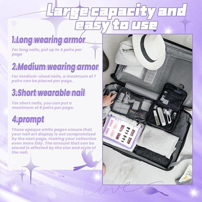 Press On Nail Storage Organizer with 4 Insert Pages - A5 Size Portable False Nail Storage Box for Collecting and Organizing Tips with Tape and Zipper Pocket (Purple)