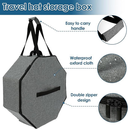 Hat Box, Large Capacity Hat Storage Box with Zipper Lid and Handles, Portable Hat Travel Case, Oxford Cloth Foldable Hat Organizer for Cowboy Hats, Baseball Hats, Fishermen Hats
