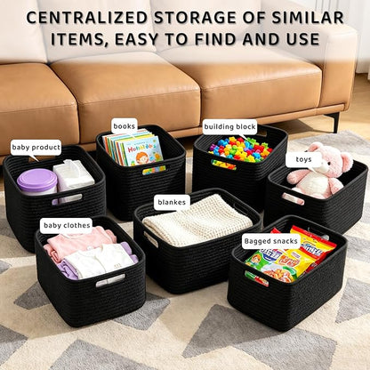 4 Pack Storage Baskets for Organizing, 12''Lx9''Wx8''H Woven Baskets for Storage Toys, Towels, Books, and Clothes, Cotton Rope Basket for Shelves with Handle White & Brown
