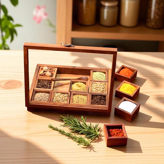 Wooden Spice Box, Masala Container, Condiments Storage Case for Kitchen, Multipurpose Decorative Box - Indian Rosewood Crafted