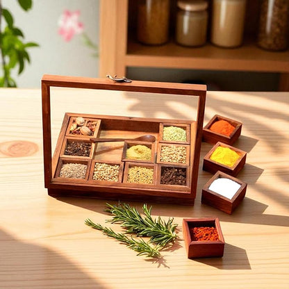 Wooden Spice Box, Masala Container, Condiments Storage Case for Kitchen, Multipurpose Decorative Box - Indian Rosewood Crafted