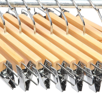 10-Pack Natural Finish Wooden Pant Skirt Hangers with 2-Adjustable Anti-Rust Clips