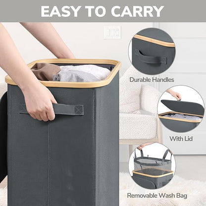 Goodpick Laundry Basket with Wheels, Large Rolling Laundry Hamper Slim Clothes Hampers with Removable Wash Bag Collapsible Dirty Clothes Basket with Lid, 100L, Gray
