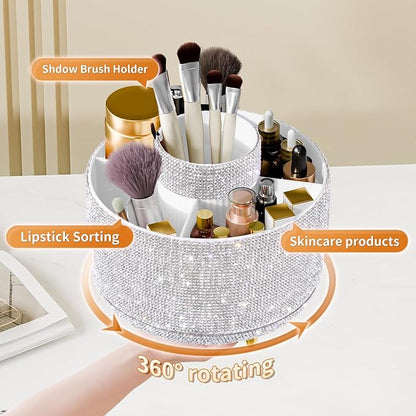 fanado Bling Diamond Makeup Brush Holder, 360° Rotating Makeup Organizer, 5 Slot Make up Brushes Cup for Countertop, Storage for Cosmetics Pen Eyeliner Skincare on the Vanity (Diamond white)