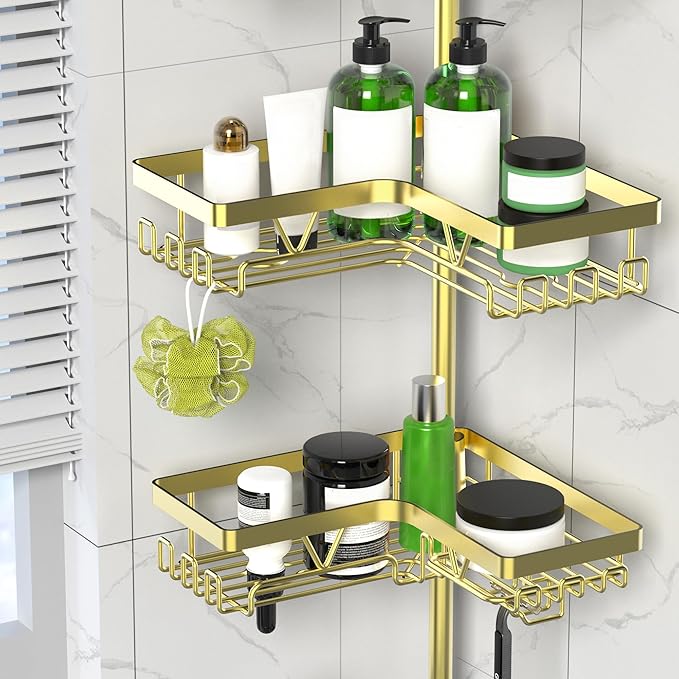DAOYA Shower Caddy Tension Pole - Gold Corner Shower Caddy Stainless Steel Bathroom Shower Organizer for Tub Tension Rod Corner Shower Shelves(22-114.2inch)