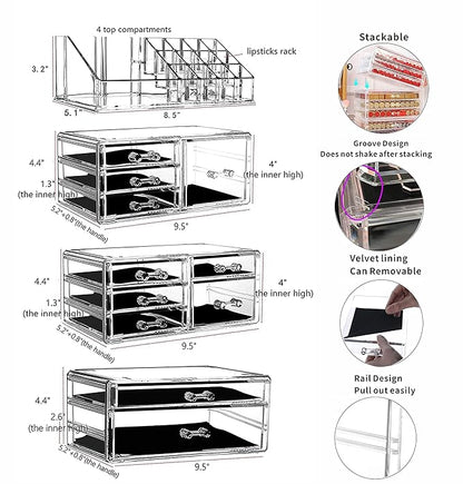 Cq acrylic Makeup Organizer Skin Care Large Clear Cosmetic Display Cases Stackable Storage Box With 11 Drawers For Vanity,Set of 4
