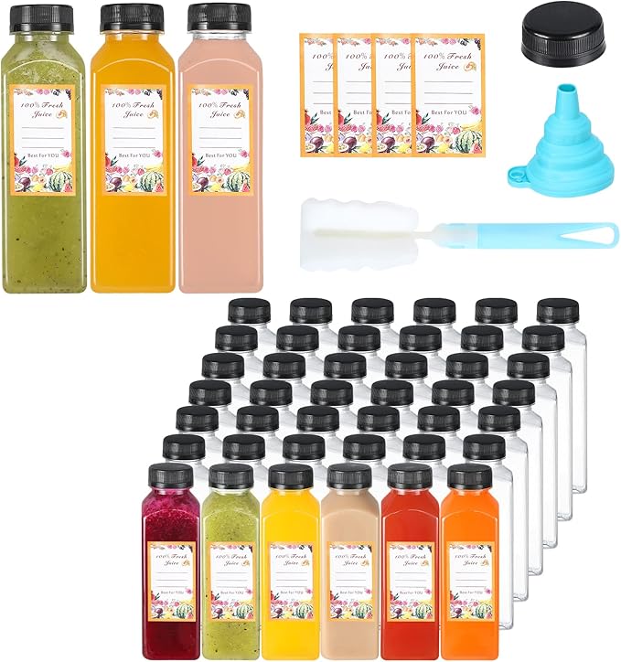 Dabacc Juice Bottles, 45Pcs 12oz Plastic Juice Bottles with Caps Airtight Reusable Clear Empty Water Containers Includes Label Funnel Brush for Juicing Drinking Beverage Smoothies Fridge（12oz）