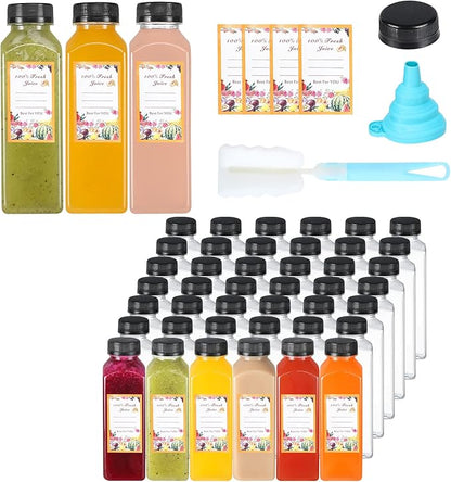 Dabacc Juice Bottles, 45Pcs 12oz Plastic Juice Bottles with Caps Airtight Reusable Clear Empty Water Containers Includes Label Funnel Brush for Juicing Drinking Beverage Smoothies Fridge（12oz）