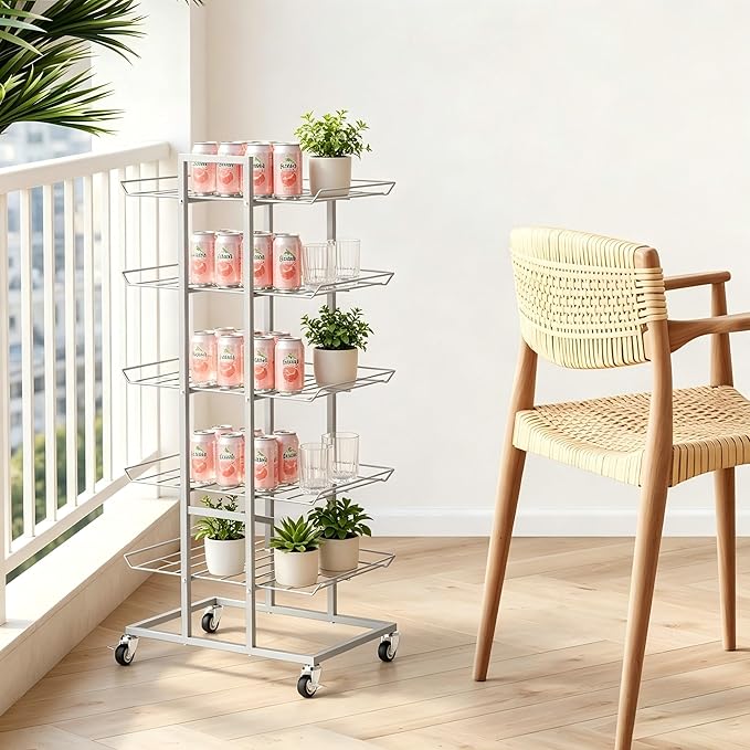 Water Bottle Organizer 5 Tier Water Bottle Holder Freestanding Storage Rack with Wheels Soda Can Organizer Shelf Stand for Floor Pantry Kitchen Classroom Food Storage, Black
