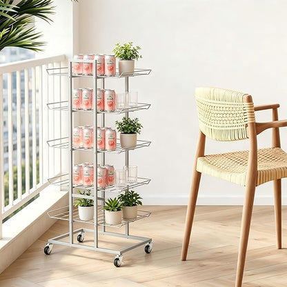 Water Bottle Organizer 5 Tier Water Bottle Holder Freestanding Storage Rack with Wheels Soda Can Organizer Shelf Stand for Floor Pantry Kitchen Classroom Food Storage, Black