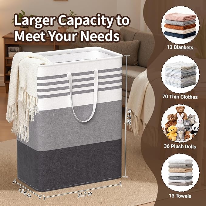 WOWBOX 2 Pack Laundry Baskets, Laundry Hampers, Freestanding Dirty Clothes Hampers with Reinforced Handles & Cross Stitch & Waterproof Coating, for Laundry Bedroom Bathroom Dorm,125L Grey