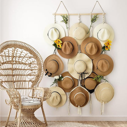 Macrame Hat Rack for Wall 31x66 in Hat Organizer with 15 Clips Hanging Hat Hanger Holder for Women Wide Brimmed Hat Storage for Fedora Boho Decorative Display