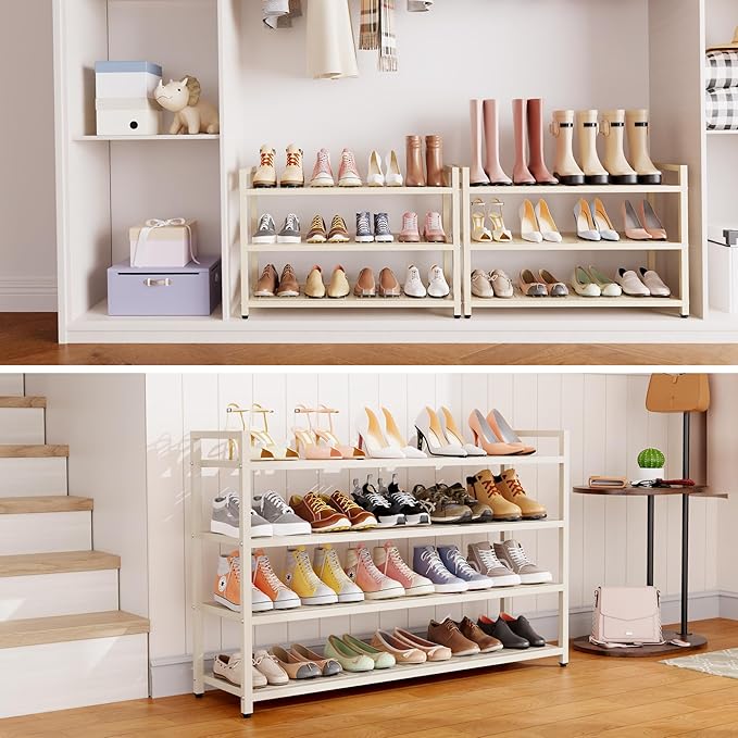 4-Tier Shoe Rack, Large Capacity Metal Free Standing Shoes Rack, Sturdy and Durable Shoe Organizer, Shoe Shelf for Closet, Entryway, Bedroom, for 24-28 Pairs, 42.1" W x 9.8" D x 27.6" H, White