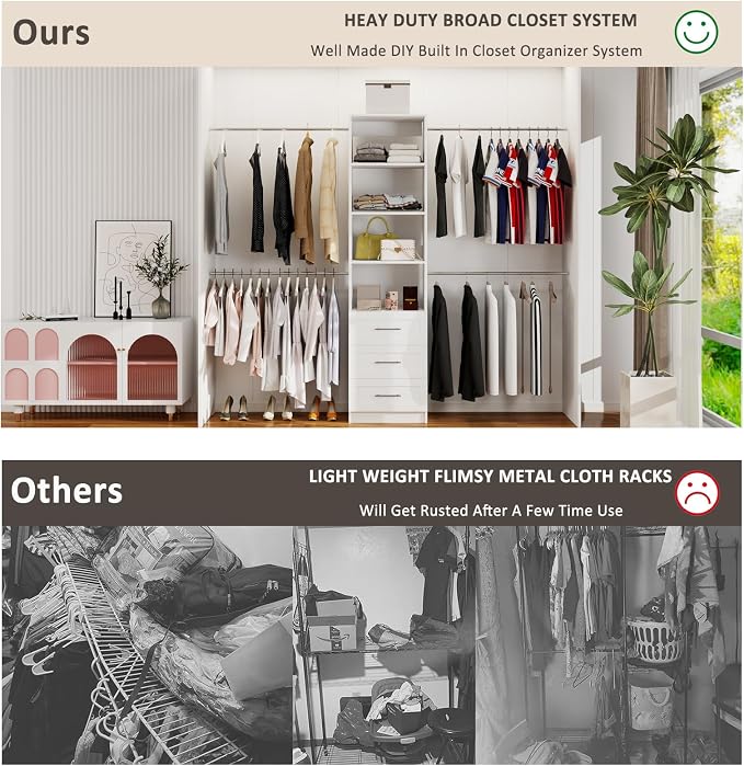 Closet System, 5FT-9FT Closet Organizer System with 4 Expandable Hanging Rods and Moveable Shelves, 115" Walk in Closet System with 3 Wooden Drawers, Custom Built in Closet, Wall Mount