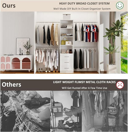Closet System, 5FT-9FT Closet Organizer System with 4 Expandable Hanging Rods and Moveable Shelves, 115" Walk in Closet System with 3 Wooden Drawers, Custom Built in Closet, Wall Mount