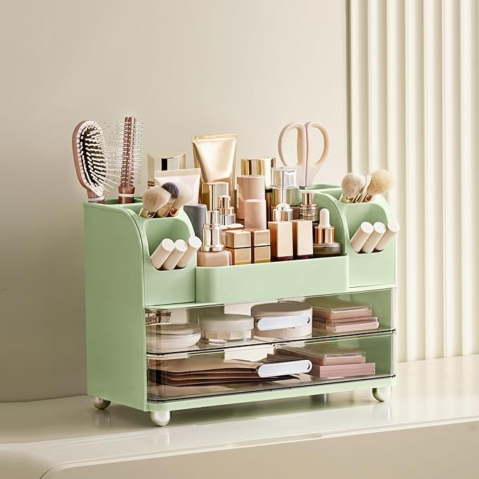 HBlife Makeup Organizer for Vanity with Brush Holder, Large Bathroom Countertop Cosmetic Organizer Skin Care Storage, Easy to Store Lipsticks, Nail Polishes, Perfumes, Eyeshadow Palettes, Green