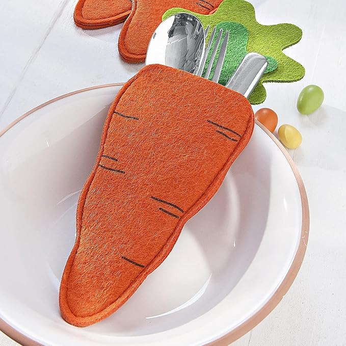 Easter Utensil Cutlery Holders, Easter Carrot Shape Silverware Tableware Utensil Holder, Easter Felt Cutlery Holder Pouch Bags, Reusable Utensil Sleeve for Knife Forks, Easter Table Decoration