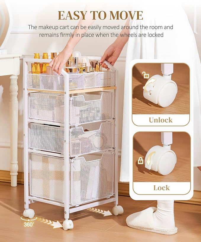 Homde Rolling Makeup Organizer with Drawers: Skincare Storage Cart with Wheels for Home Bedroom Vanity - Cosmetic Display Holder for Beauty Enthusiasts Makeup Artists