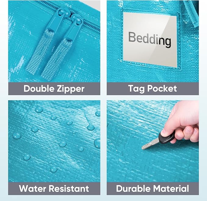 TICONN 8 Pack Extra Large Moving Bags Heavy Duty with Zippers & Carrying Handles, Durable Storage Bags Moving Boxes for Closet Organizers and Storage (8 Pack, Aqua)