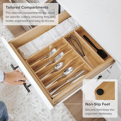 KitchenEdge Silverware Organizer - Cutlery, Flatware, and Utensil Holder for Kitchen Drawers, Fixed 10.5” Width, 7 Storage Compartments, Non-Slip Feet, Rounded Corners, 100% Bamboo