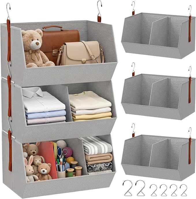 3-Tier Hanging Closet Organizer, Extra Large Fabric Closet Shelves with Zipper, Foldable Closet Storage Organizer for Clothes, Handbags, Socks, Underwear, Dorm Room and RV,Grey- 1 Pack