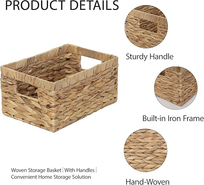Woven Natural Water hyacinth basket Rectangular organizer basket with Handle for Desktop, Bathroom, Entryway,Kingwillow.(Small)