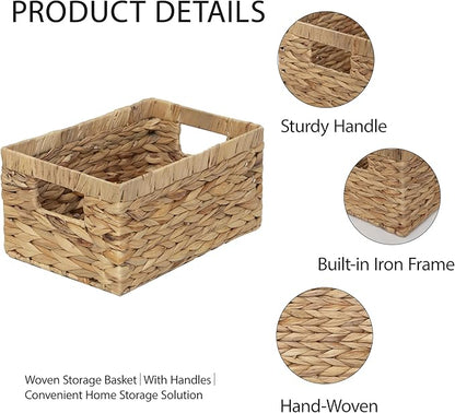 Woven Natural Water hyacinth basket Rectangular organizer basket with Handle for Desktop, Bathroom, Entryway,Kingwillow.(Small)