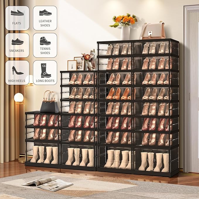 EHAMILY 6-Tier Collapsible Shoe Storage Rack - Large Plastic Shoe Organizer with Doors, Quick Assembly, Black