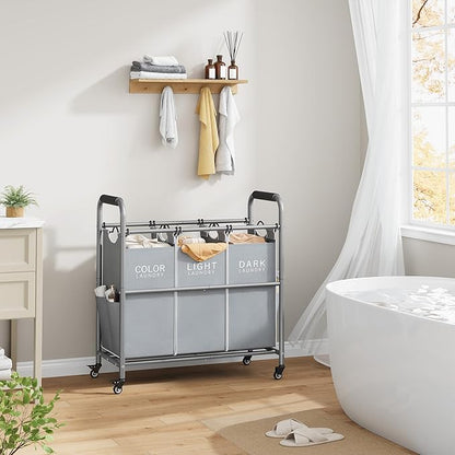 Tajsoon 3 Bag Laundry Sorter Cart, Laundry Hamper Sorter Basket with Heavy Duty Lockable Rolling Wheels for Clothes Storage, Grey & White