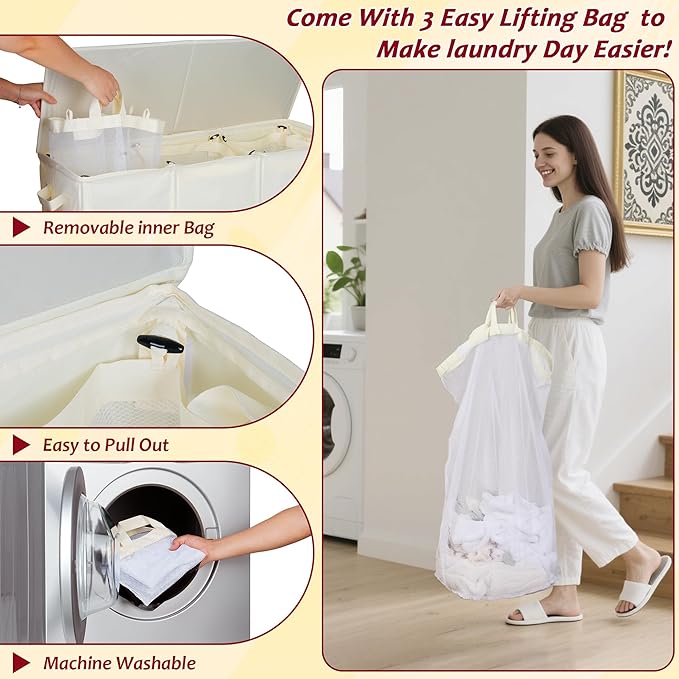 195L Laundry Hamper 3 Section,Large Laundry Hamper with Lid,Dirty Clothes Hamper with 3 Inner Bags,Collapsible Laundry Basket Organizer for Laundry Room,Bedroom,Laundry Sorter Hamper 3 Compartment