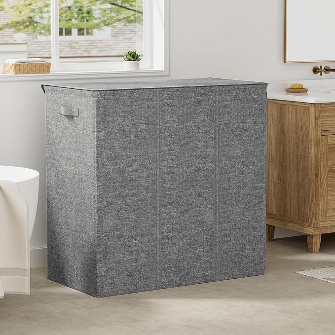 WOWLIVE 180L Laundry Hamper with Lid 3 Section,Large Laundry Basket with Removable Bags and Handles,Collapsible Dirty Clothes Hampers for Laundry,Laundry Basket Organizer for Laundry Room,Dorm,Grey