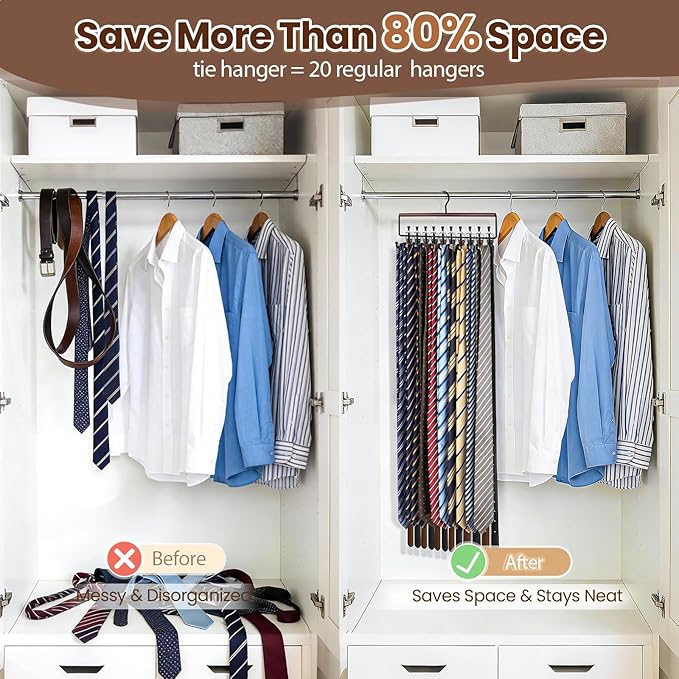 2PCS Tie Rack Hanger for Closet Upgraded 2-in-1 Tie and Belt Hanger Non Slip Tie Rack with 20 Hooks Tie Hanger Space Saving Wooden Belt Tie Organizer for Tank Tops Bras Cami Scarves, Walnut Color