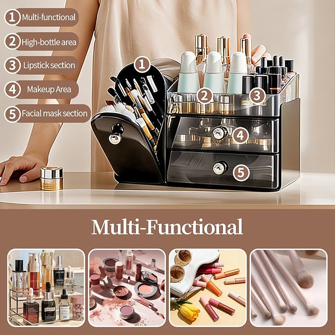 27 Slot Countertop Makeup Organizer with Brush Holder, 3-Tier Multifunctional Makeup Storage Organizer for Vanity, Fits Brushes & Large Cosmetics, Detachable & Easy to Clean