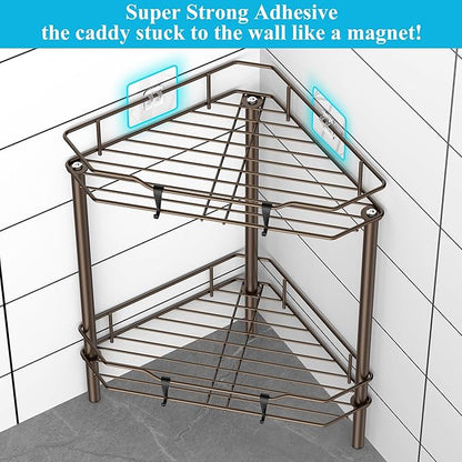 HuggieGems 2 Tier Floor Standing Corner Shower Caddy Organizer Shelf with Hooks, Bathroom Shelves Stand Rack, Bronze