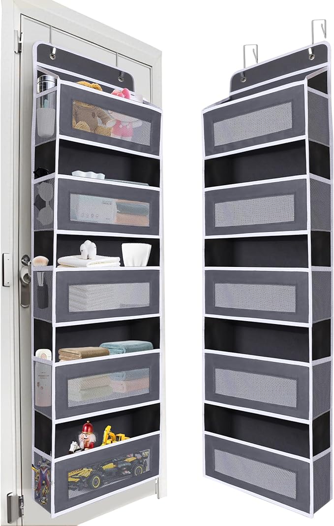 Over The Door Organizer 44LB Capacity with 5 Large Pockets & 10 Mesh Side Pockets, Clear Window Anti-Tilt Hanging Storage for Nursery, Bathroom, Pantry - Dark Grey, 1 Pack