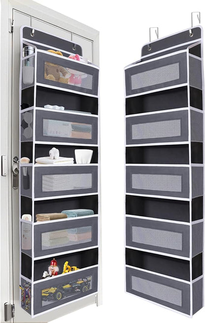 Over The Door Organizer 44LB Capacity with 5 Large Pockets & 10 Mesh Side Pockets, Clear Window Anti-Tilt Hanging Storage for Nursery, Bathroom, Pantry - Dark Grey, 1 Pack