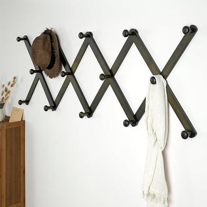 SKOLOO Large Hat Rack for Wall, Wooden Accordion Wall Hanger, Modern, Expandable Coat Hooks, Hat Display Rack for Home, Office, and Studio, 14 Peg, Dark Walnut
