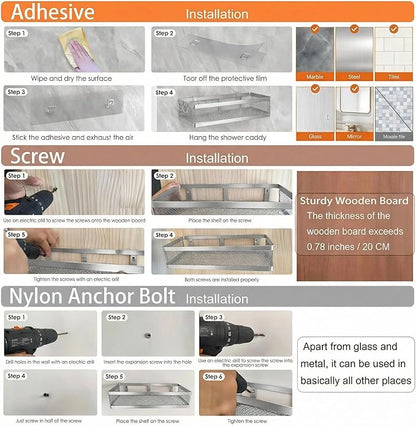 PUSDON 5-in-1 16.5" Extra Long Kitchen Organizer & Shower Caddy Set, Wall Mount Spice Rack with Paper Towel Holder, Utensil Holder & Soap Dish, Rustproof Mesh - Silver Gray, Guardrail