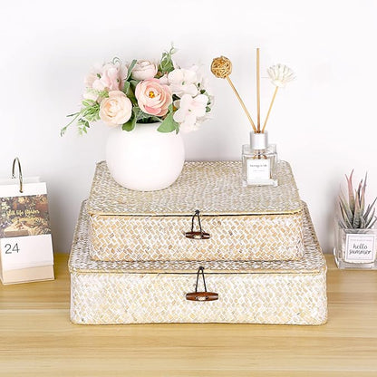 Hipiwe Set of 2 Flat Woven Wicker Storage Bins with Lid Natural Seagrass Basket Boxes Multipurpose Home Organizer Bins Boxes for Shelf Organizer (Whitewash)