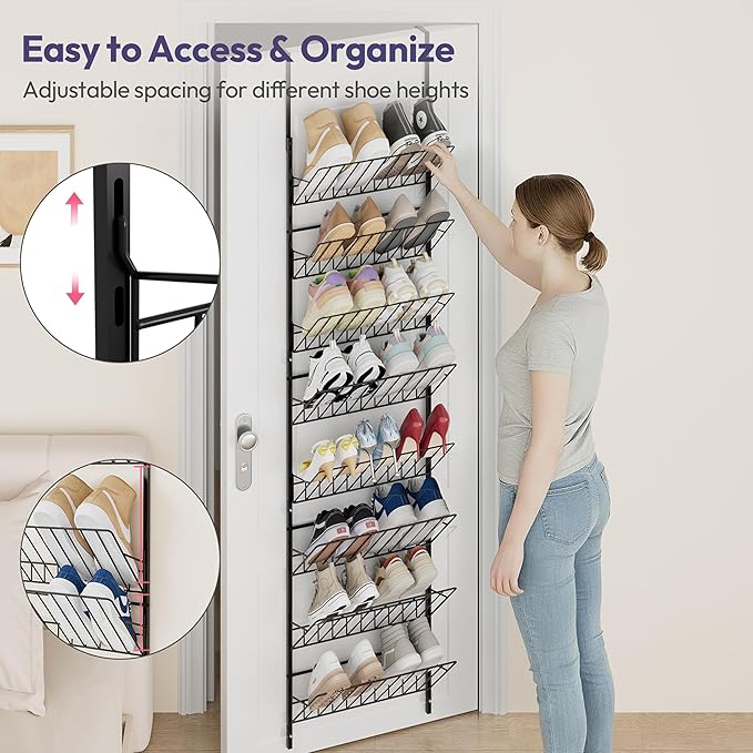 SWTYMIKI Over the Door Shoe Organizer - Adjustable 8 Tier Hanging Shoe Rack Organizer, Metal Heavy Duty Behind Door Storage or Wall Mount Shoes Shelf for Flats, Heels, Sneakers, Boots, Black
