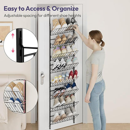 SWTYMIKI Over the Door Shoe Organizer - Adjustable 8 Tier Hanging Shoe Rack Organizer, Metal Heavy Duty Behind Door Storage or Wall Mount Shoes Shelf for Flats, Heels, Sneakers, Boots, Black