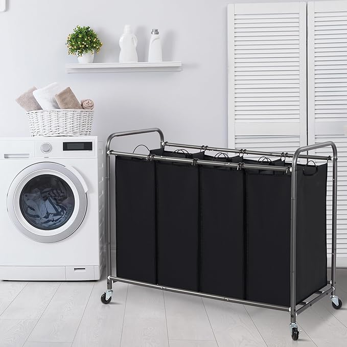 STORAGE MANIAC Laundry Sorter 4 Section, 47.8 Gal (181 L) Laundry Hamper with Wheels, Clothes Divider Basket Sorter, Clothes Separator Hamper Cart with Wheels and Removable Bags, Black