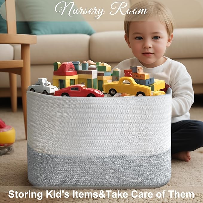 Large Cotton Rope Storage Basket with Leather Handles, Laundry Hamper Basket, 20 "L x 14" W x 12 "H, Durable & Stylish Organizer for Home.(Large Light Gray )