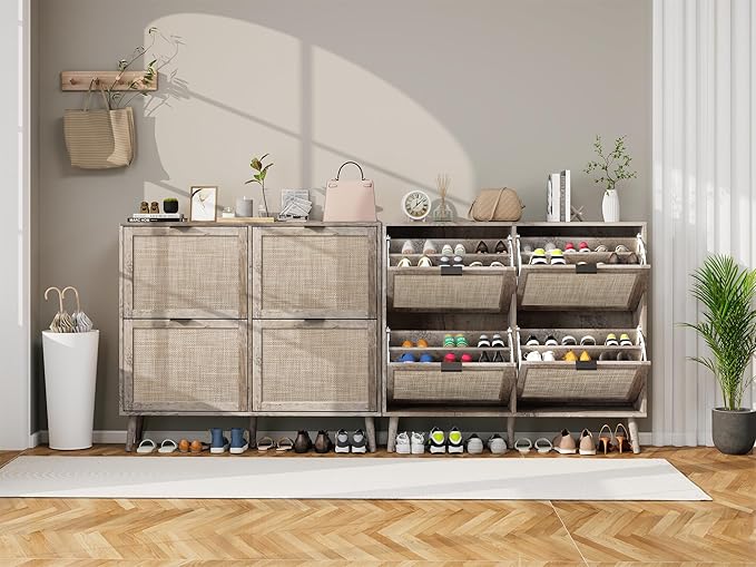 ZeHuoGe Rattan Shoe Cabinet with 4 Flip Drawers, Narrow Hidden Shoe Rack Rattan Storage Cabinet for Entryway, Large Shoe Organizer, Entrance Hallway (Dark Rustic Oak)